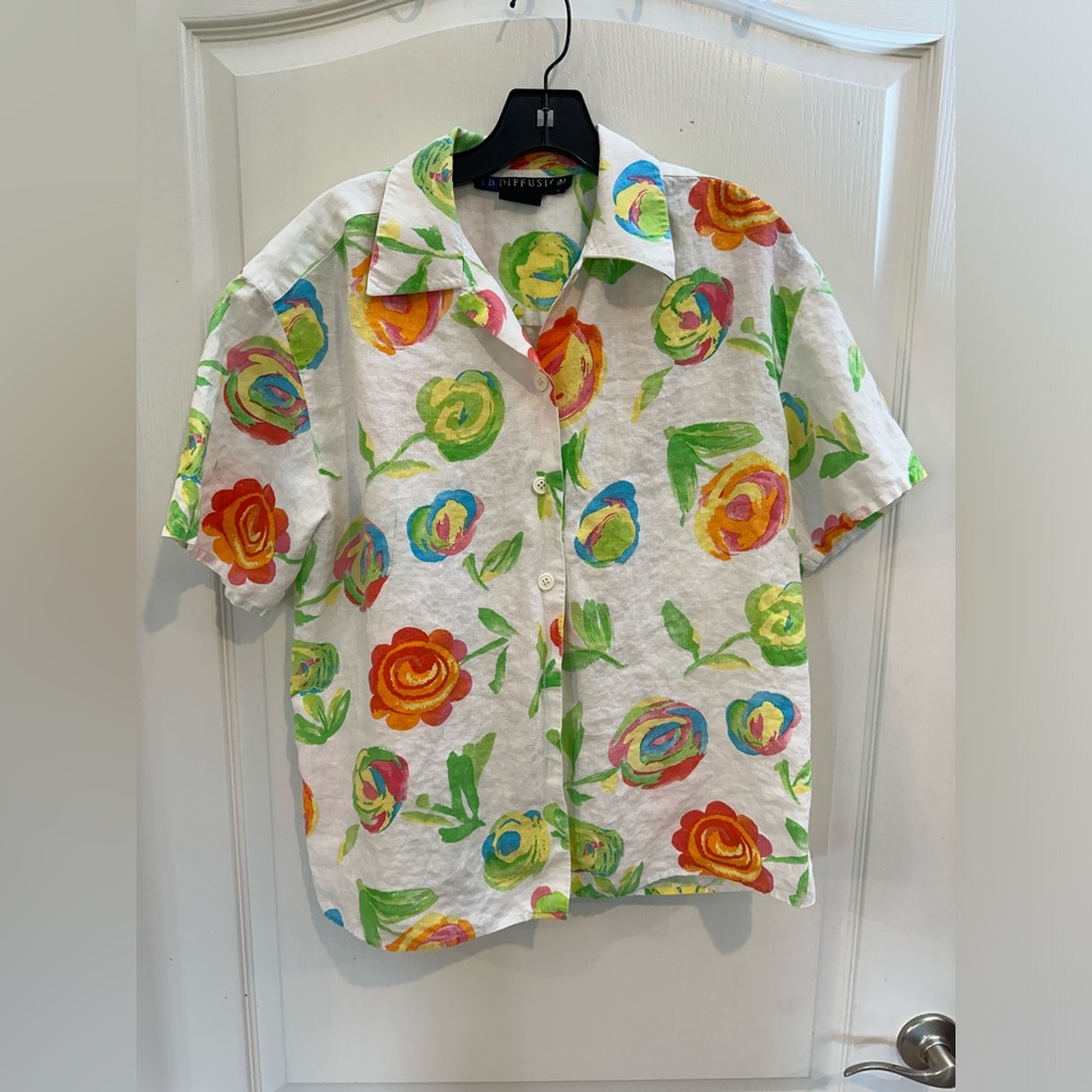 I.B. Diffusion vintage floral linen short sleeve button up blouse size 8